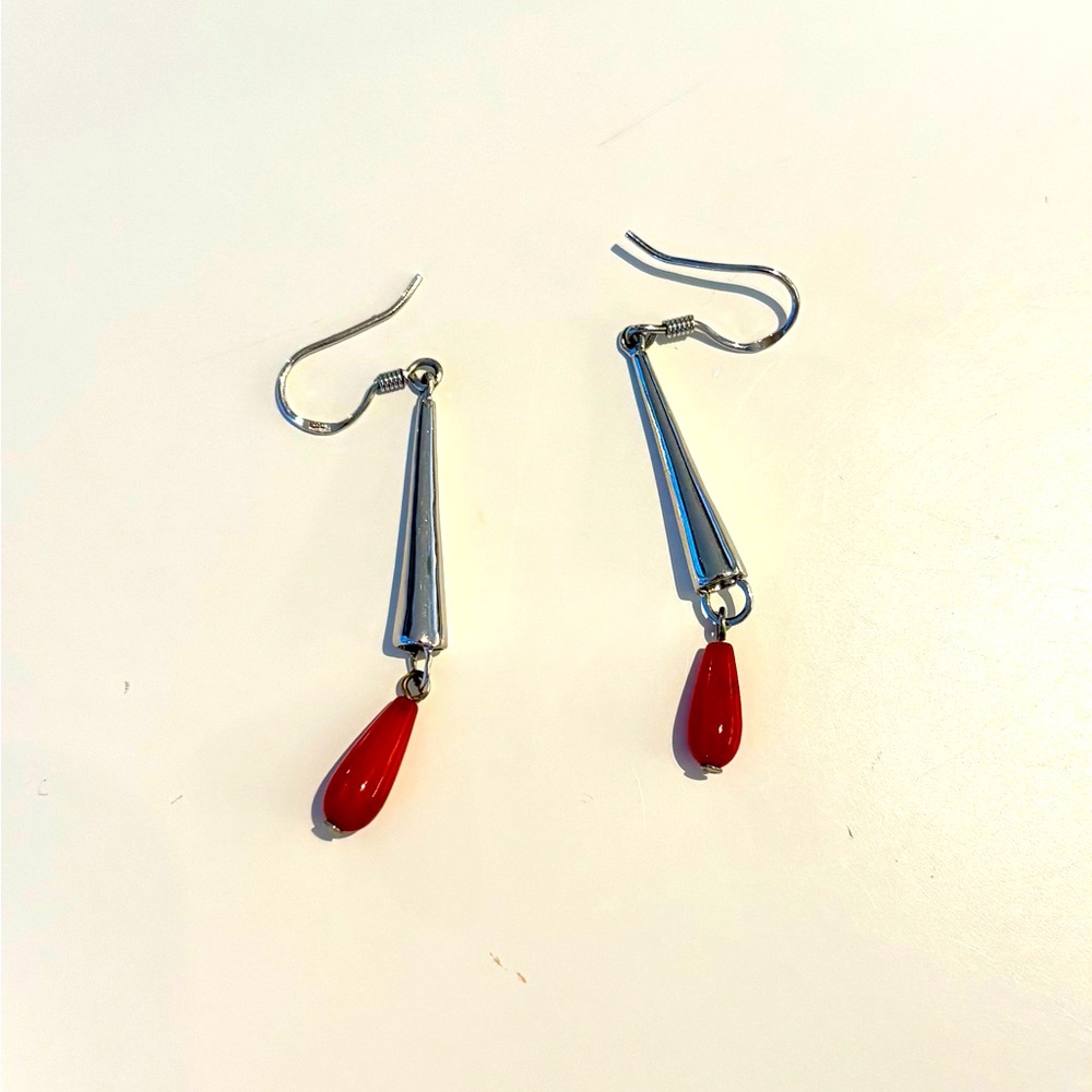 Silver & Red Drop Earrings – Elegant Dangle Statement Earrings - Picture 2 of 4